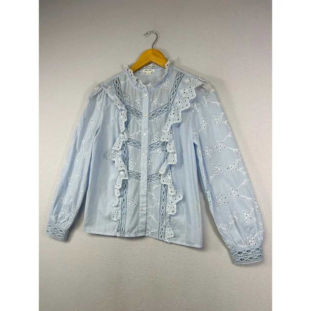 Ultra Pink Powder Blue Eyelet Ruffle Button-Up Blouse - Picture 9 of 9